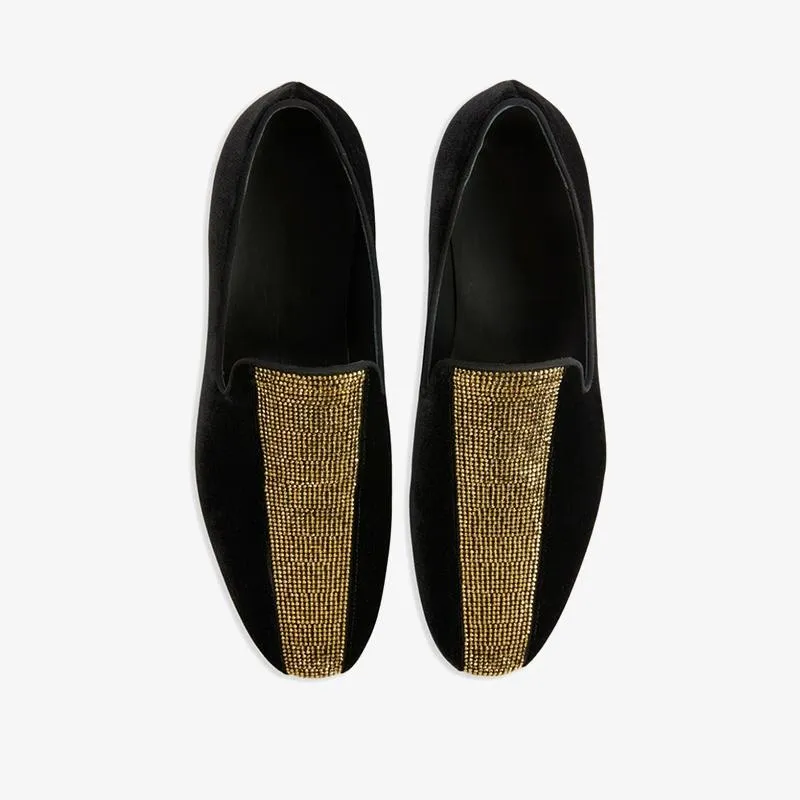 Black & Gold Velvet Tuxedo Diamond Loafers