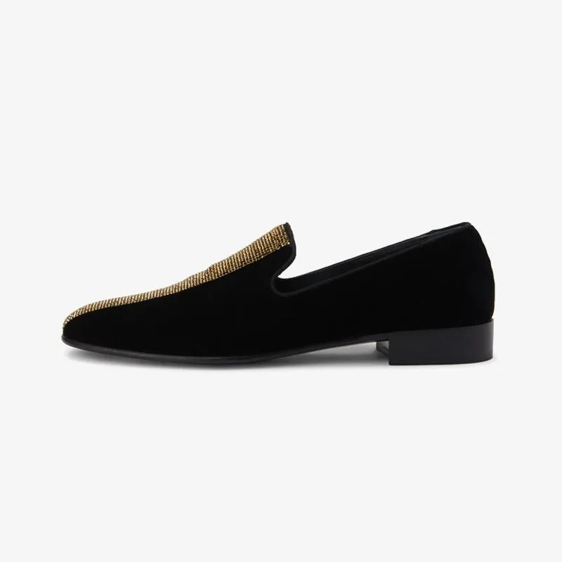Black & Gold Velvet Tuxedo Diamond Loafers