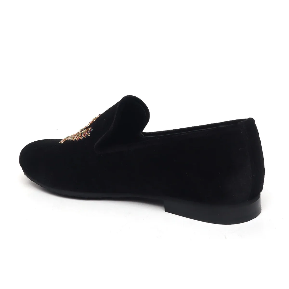 Black Slip-on Shoes with Multi Color Floral Zardosi By Brune & Bareskin