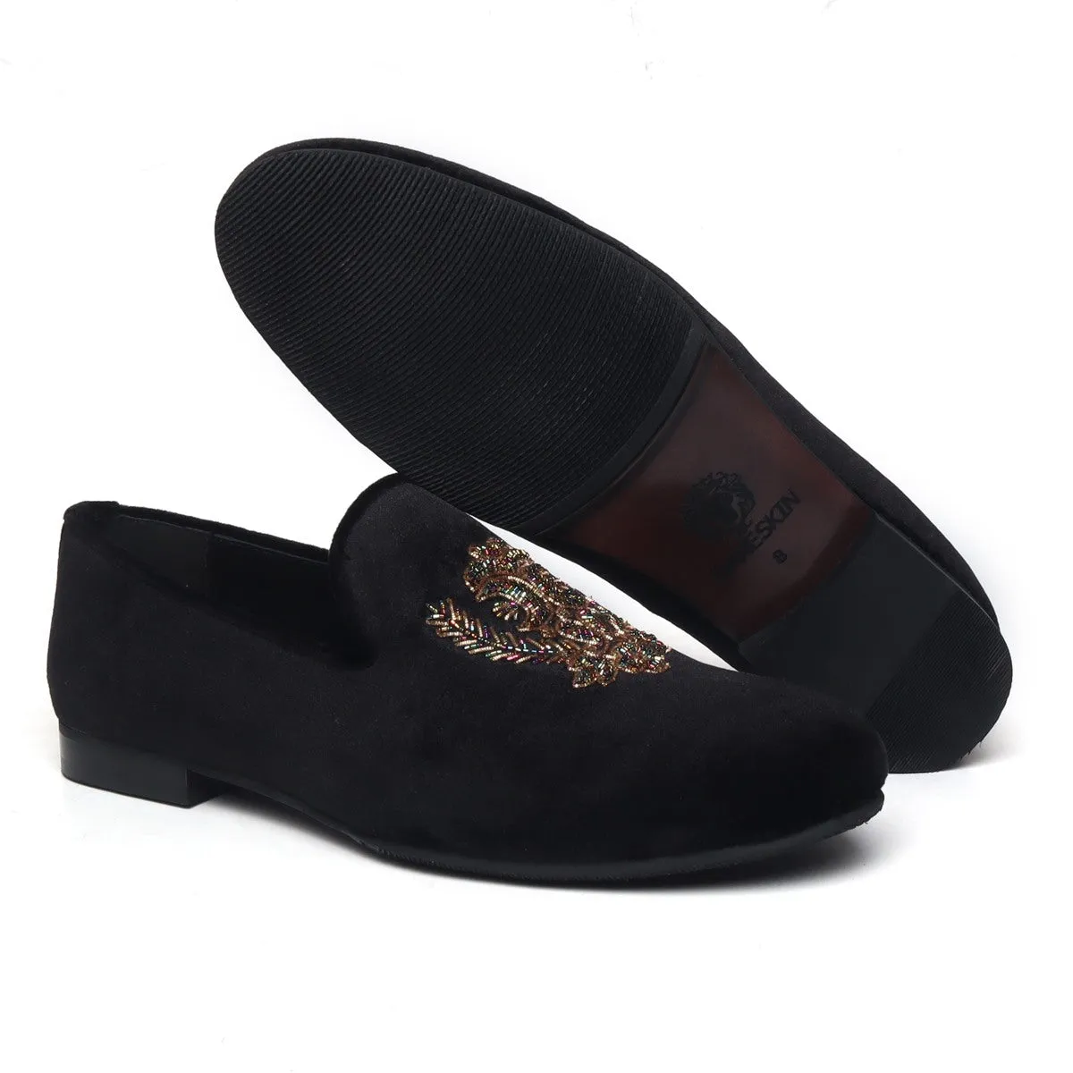Black Slip-on Shoes with Multi Color Floral Zardosi By Brune & Bareskin