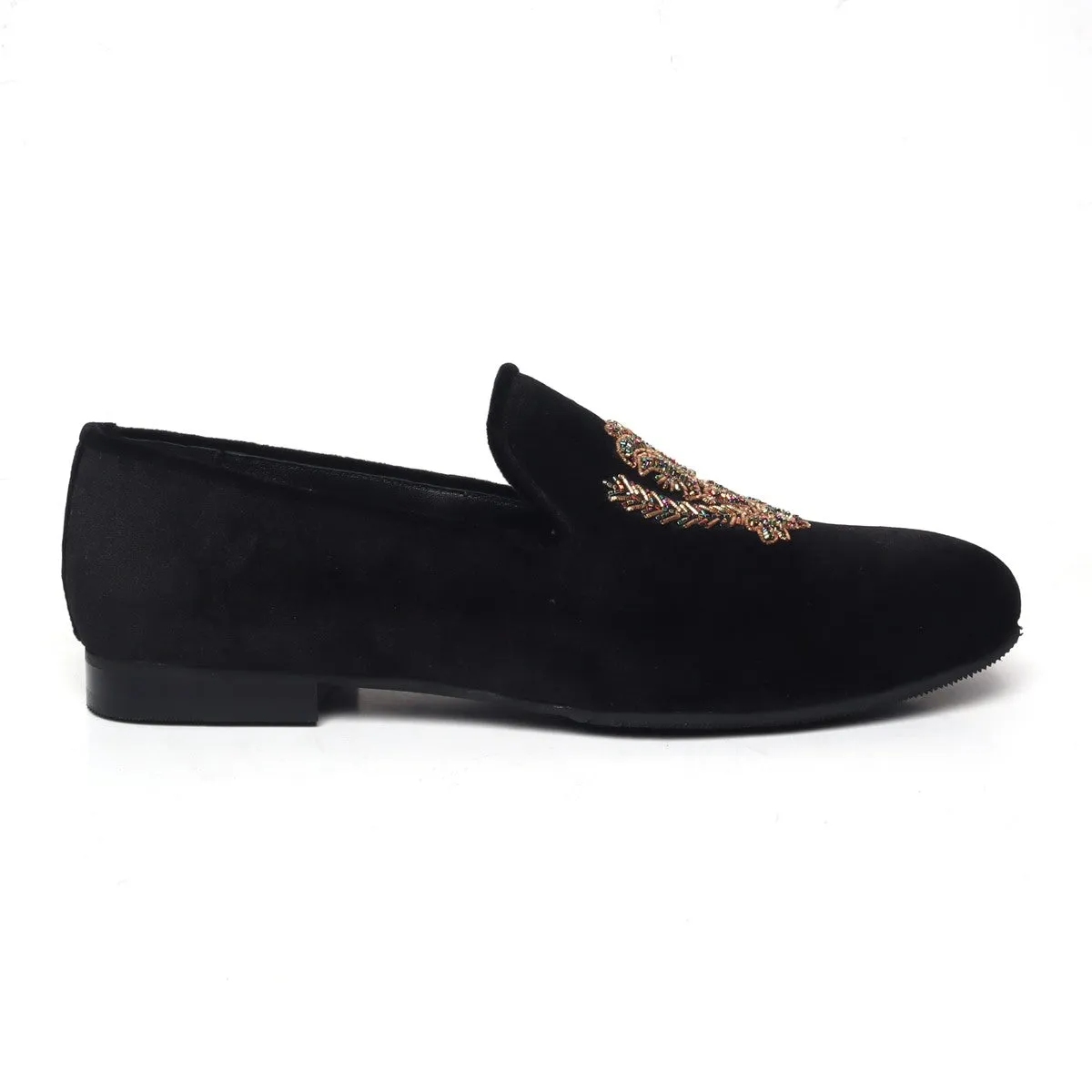 Black Slip-on Shoes with Multi Color Floral Zardosi By Brune & Bareskin