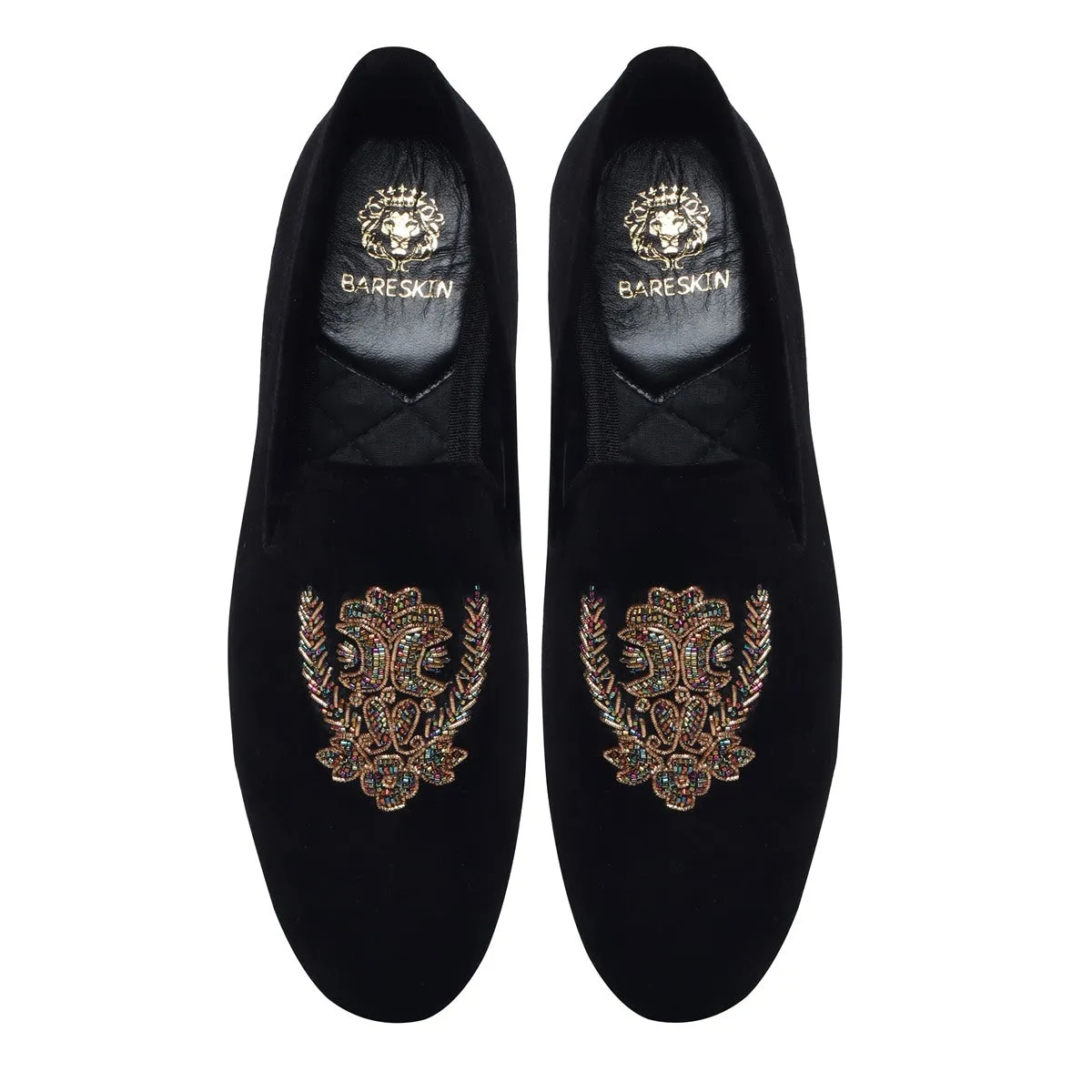 Black Slip-on Shoes with Multi Color Floral Zardosi By Brune & Bareskin