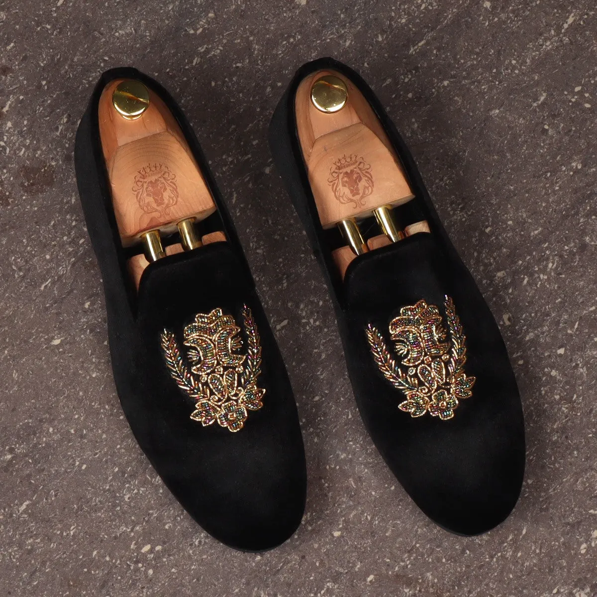 Black Slip-on Shoes with Multi Color Floral Zardosi By Brune & Bareskin