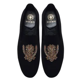 Black Slip-on Shoes with Multi Color Floral Zardosi By Brune & Bareskin