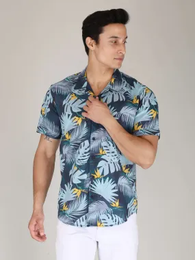 Blue Leaf Printed Pure Cotton Shirts for Men