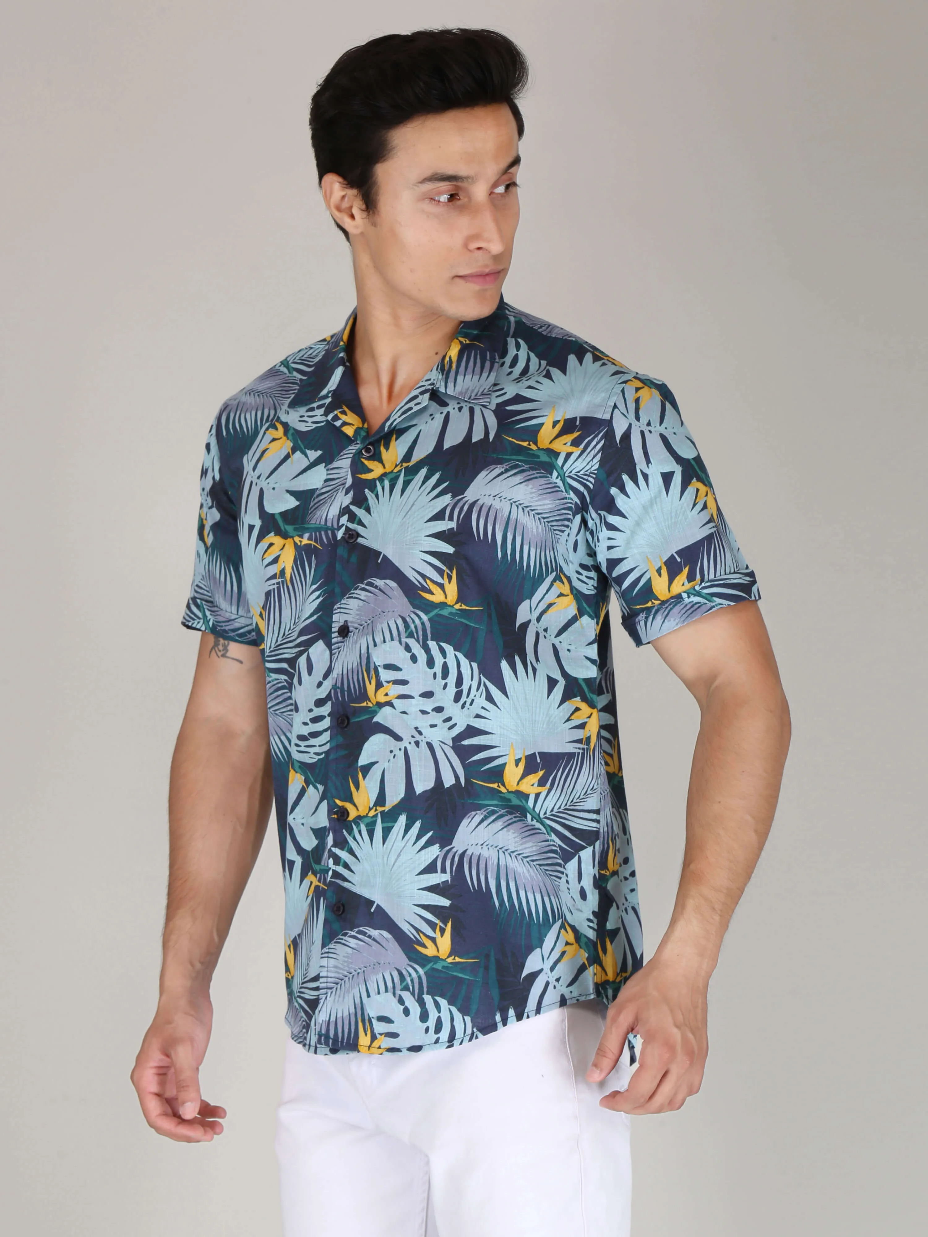 Blue Leaf Printed Pure Cotton Shirts for Men
