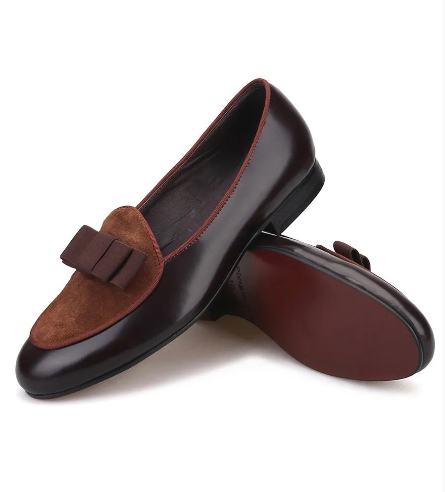 Brown Velvet and Patent Leather Brown Bow Loafers