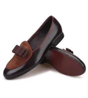 Brown Velvet and Patent Leather Brown Bow Loafers