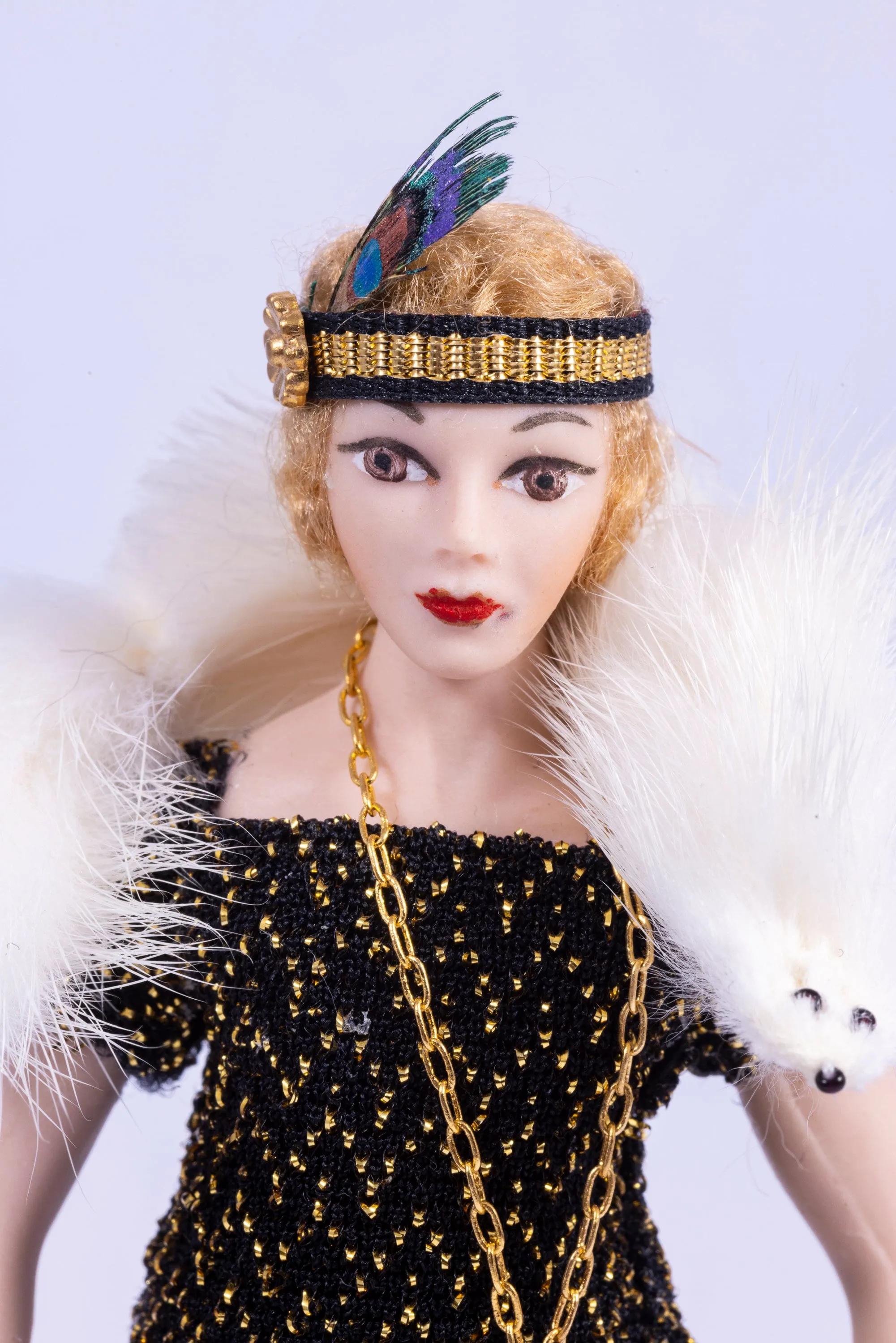 Dollhouse Miniatures ~ Handmade Porcelain Doll Dressed in 1920's - 1930's Black & Gold Dress