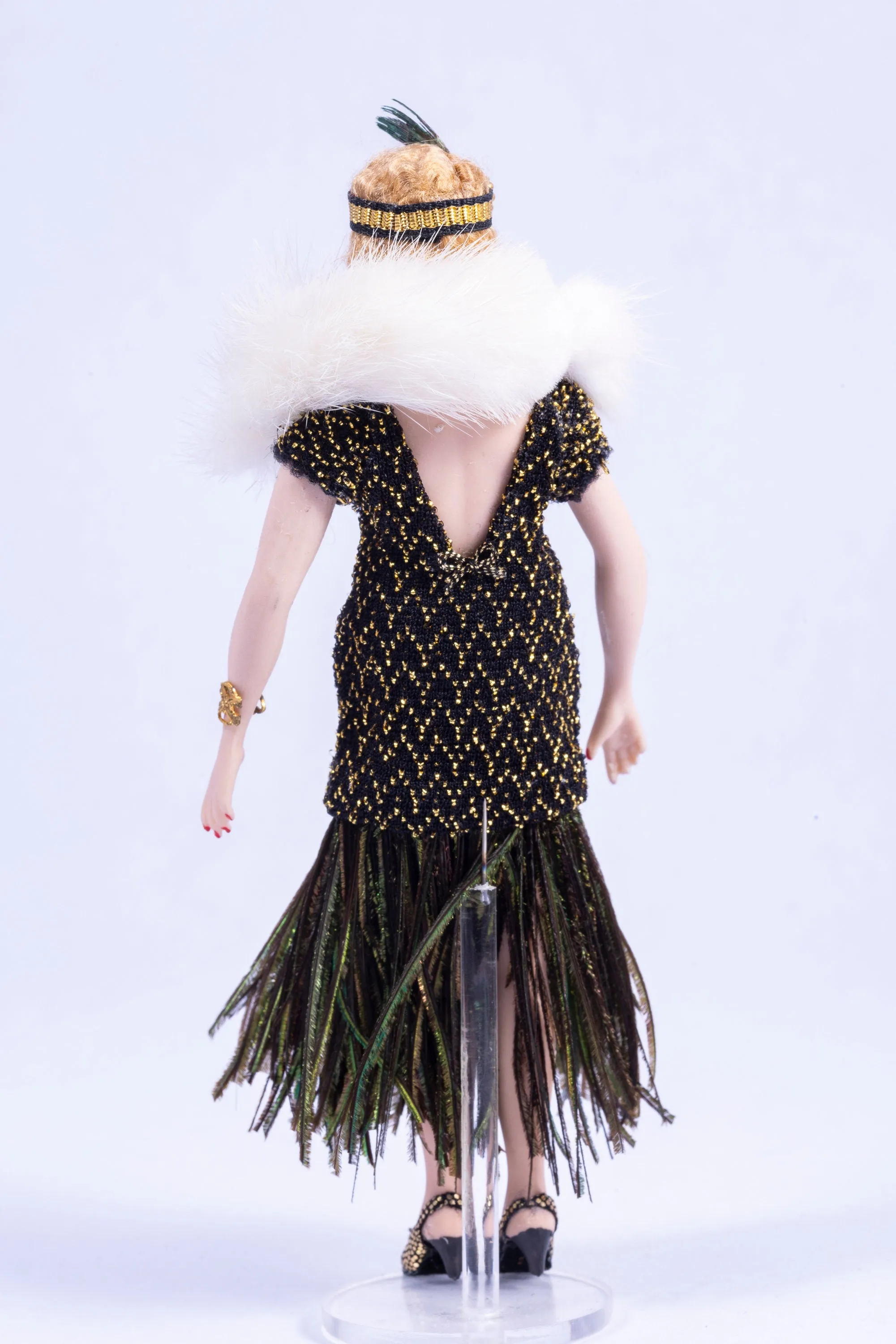 Dollhouse Miniatures ~ Handmade Porcelain Doll Dressed in 1920's - 1930's Black & Gold Dress