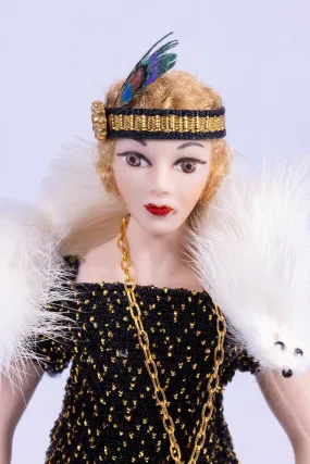 Dollhouse Miniatures ~ Handmade Porcelain Doll Dressed in 1920's - 1930's Black & Gold Dress