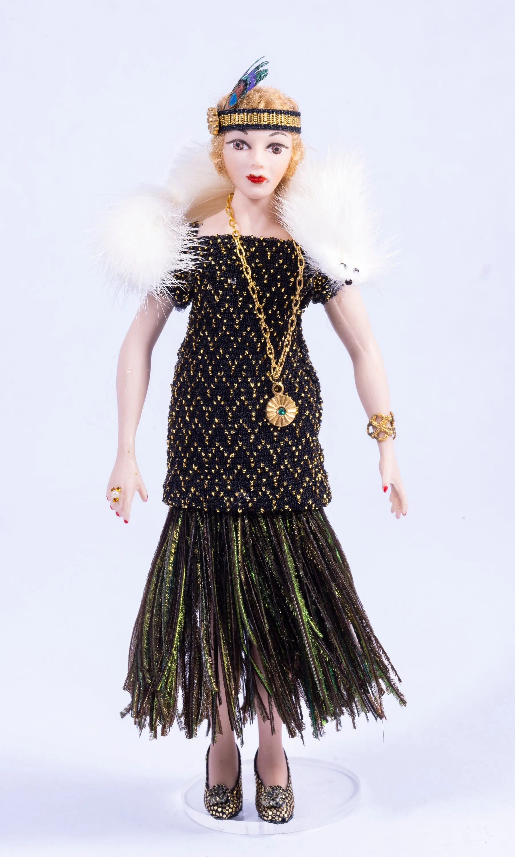Dollhouse Miniatures ~ Handmade Porcelain Doll Dressed in 1920's - 1930's Black & Gold Dress