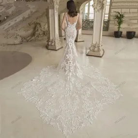 Elegant Lace Appliques V-Neck Sheath Mermaid Wedding Dress