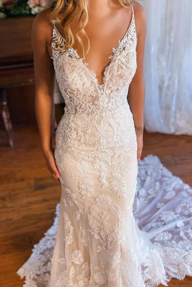 Elegant Mermaid V Neck Lace Wedding Dresses with Appliques TN389