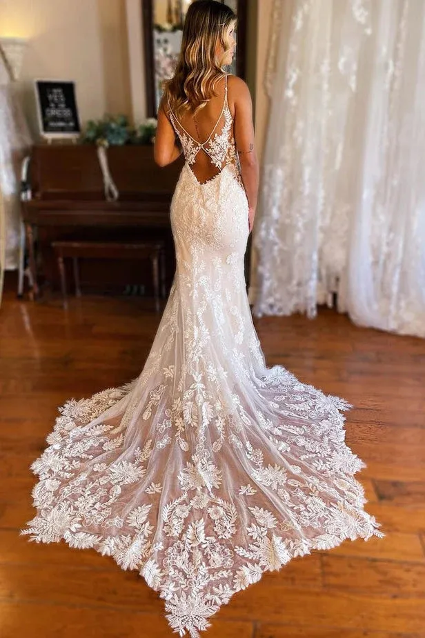 Elegant Mermaid V Neck Lace Wedding Dresses with Appliques TN389