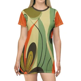 Groovy 60s, 70s MCM Retro Hippie Flower Power T-Shirt Dress, Mid Century Modern Hipster Boho Party Dress - 130182223