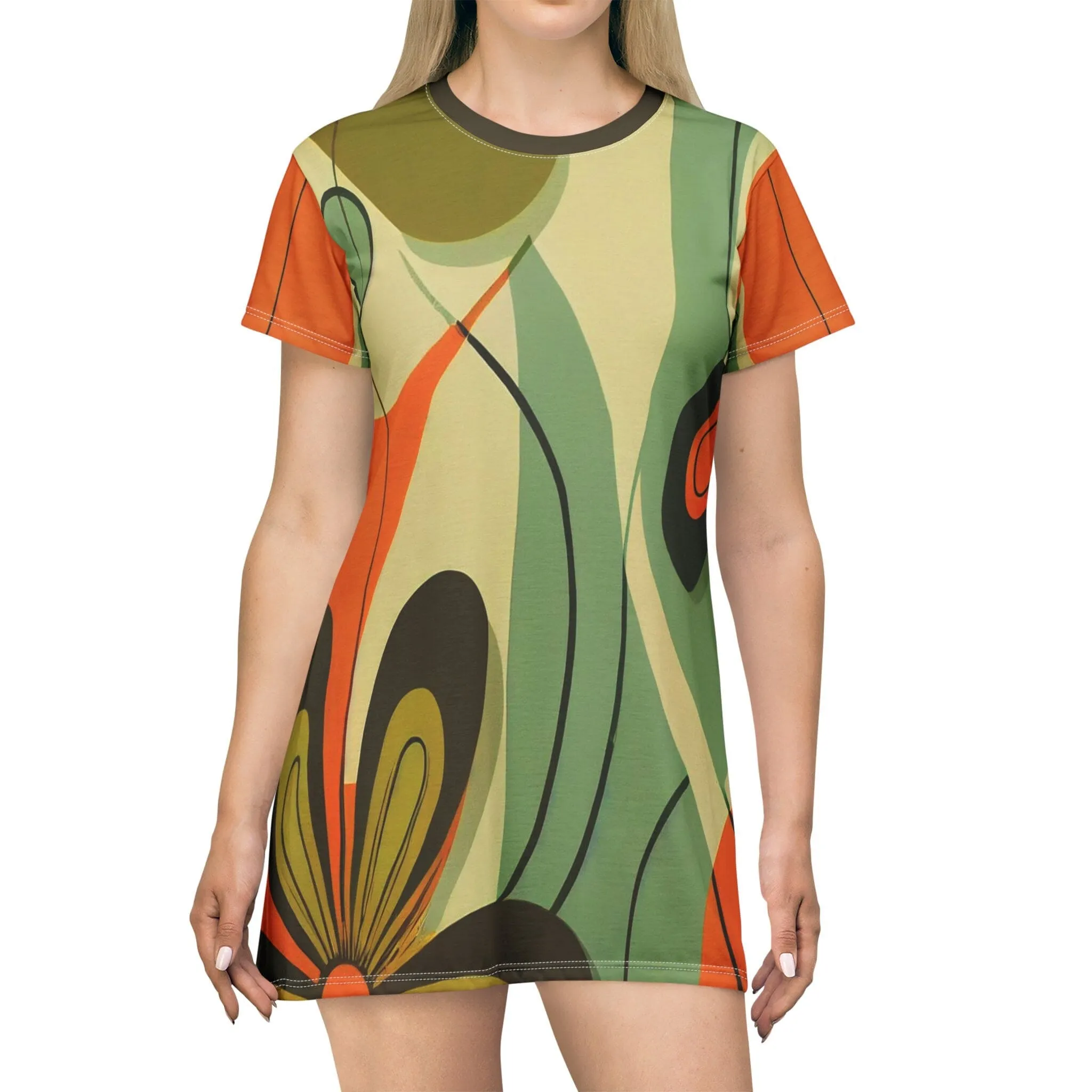 Groovy 60s, 70s MCM Retro Hippie Flower Power T-Shirt Dress, Mid Century Modern Hipster Boho Party Dress - 130182223