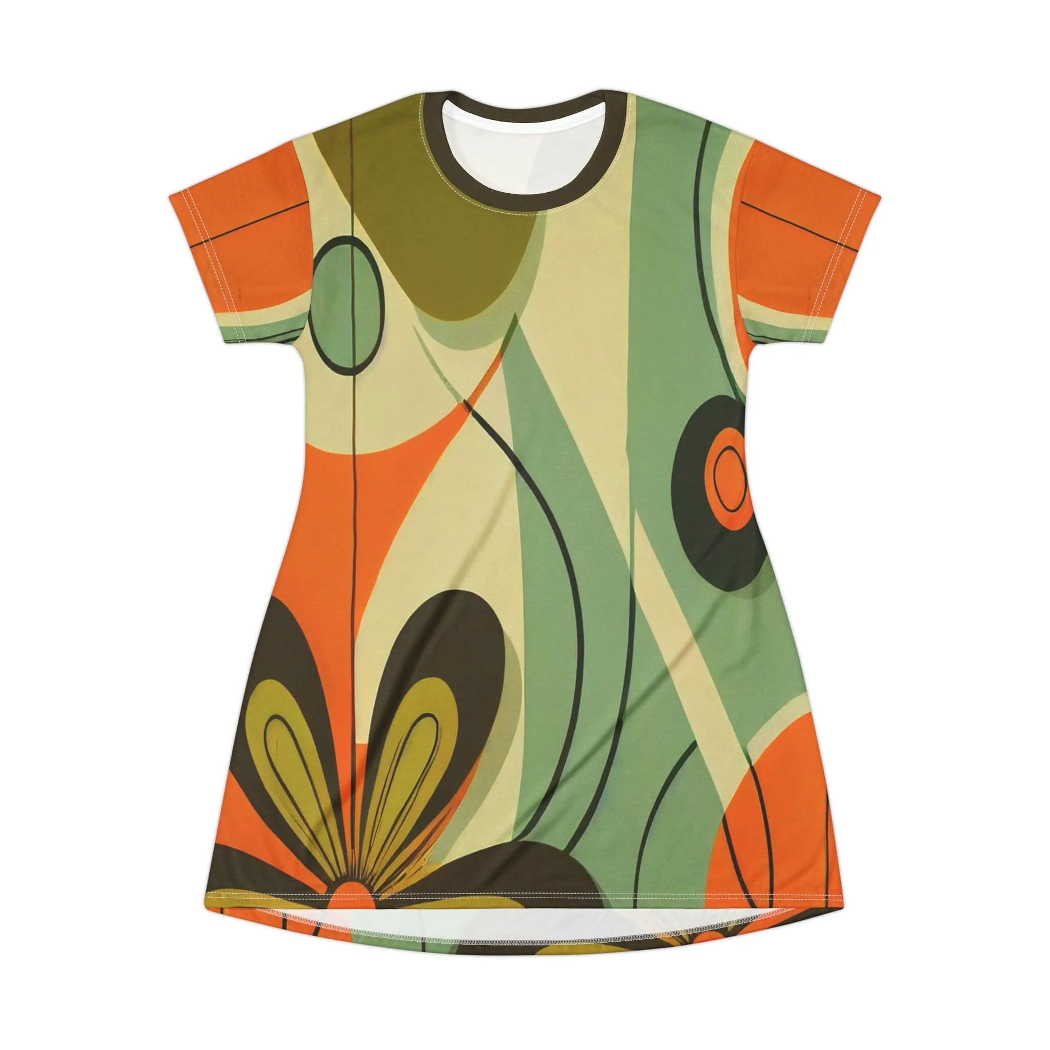 Groovy 60s, 70s MCM Retro Hippie Flower Power T-Shirt Dress, Mid Century Modern Hipster Boho Party Dress - 130182223