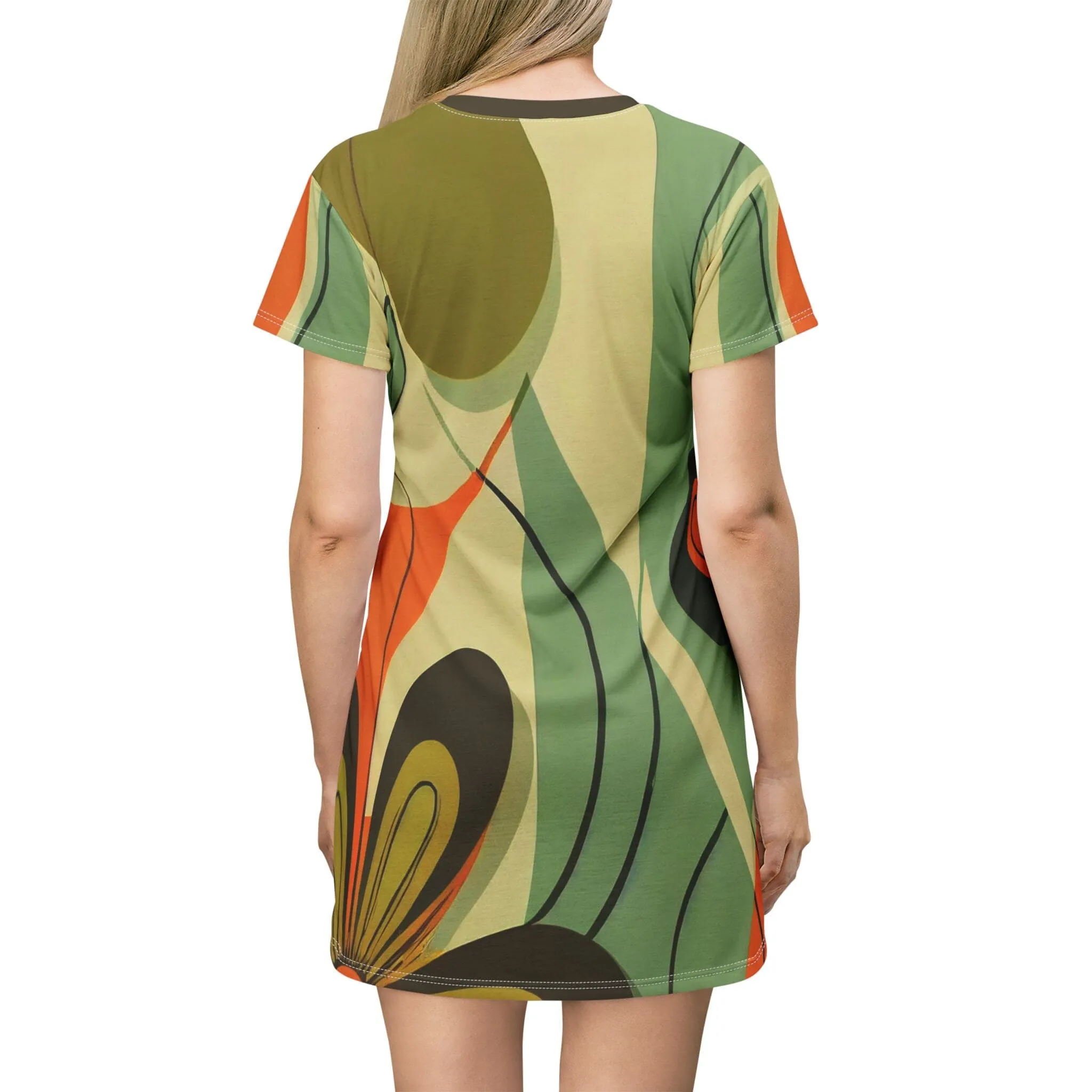 Groovy 60s, 70s MCM Retro Hippie Flower Power T-Shirt Dress, Mid Century Modern Hipster Boho Party Dress - 130182223