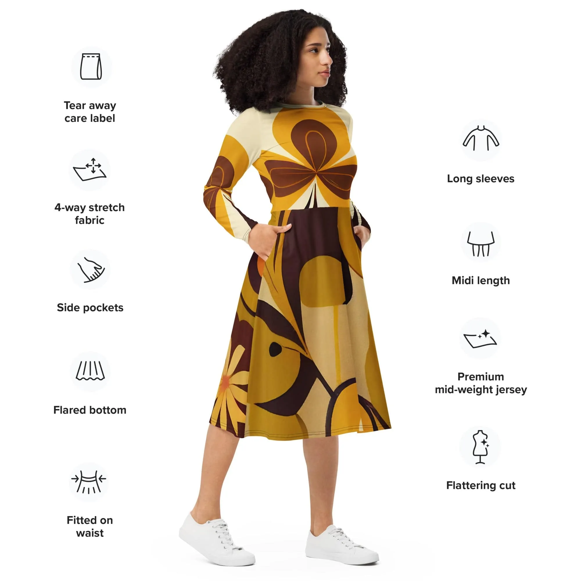 Groovy 60s MCM Retro Hippie Flower Power Midi Dress, Mid Century Modern Hipster Boho Party Dress-132482823