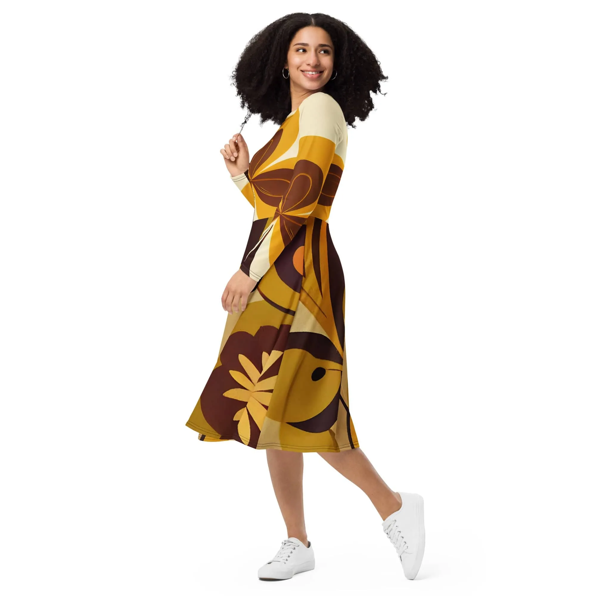 Groovy 60s MCM Retro Hippie Flower Power Midi Dress, Mid Century Modern Hipster Boho Party Dress-132482823