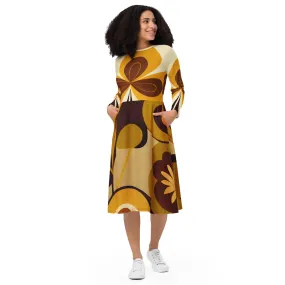 Groovy 60s MCM Retro Hippie Flower Power Midi Dress, Mid Century Modern Hipster Boho Party Dress-132482823