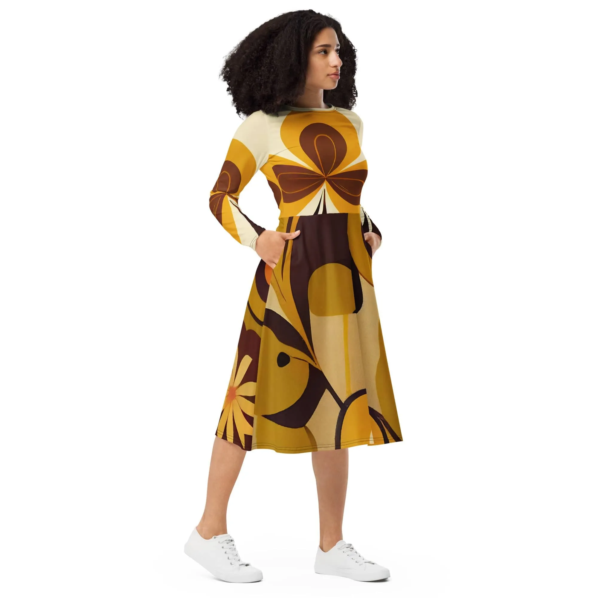 Groovy 60s MCM Retro Hippie Flower Power Midi Dress, Mid Century Modern Hipster Boho Party Dress-132482823