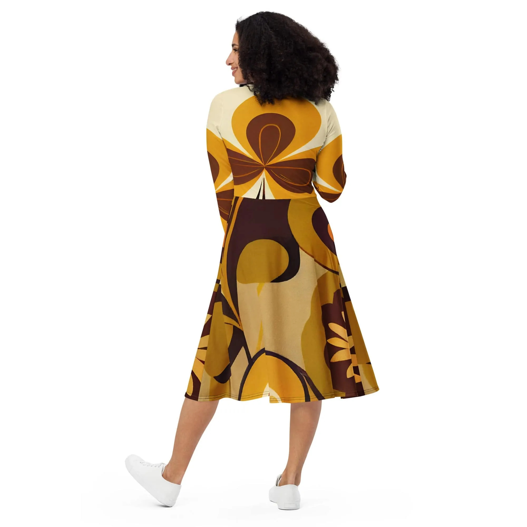 Groovy 60s MCM Retro Hippie Flower Power Midi Dress, Mid Century Modern Hipster Boho Party Dress-132482823
