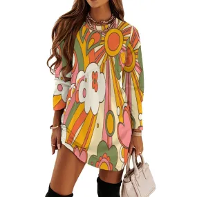 Mid Century Modern Sunshine Groovy Flower Power Long Sleeve T-Shirt Dress