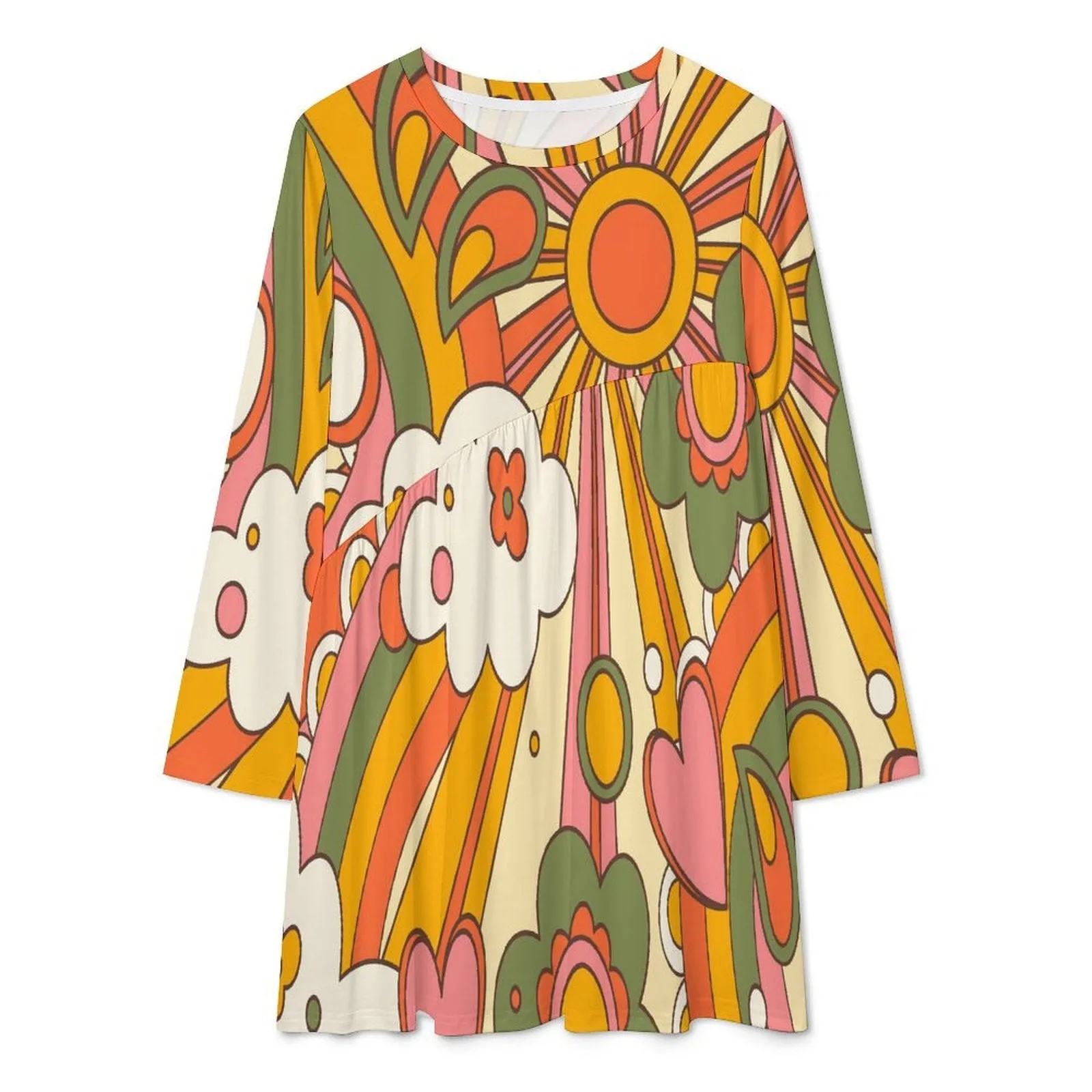 Mid Century Modern Sunshine Groovy Flower Power Long Sleeve T-Shirt Dress