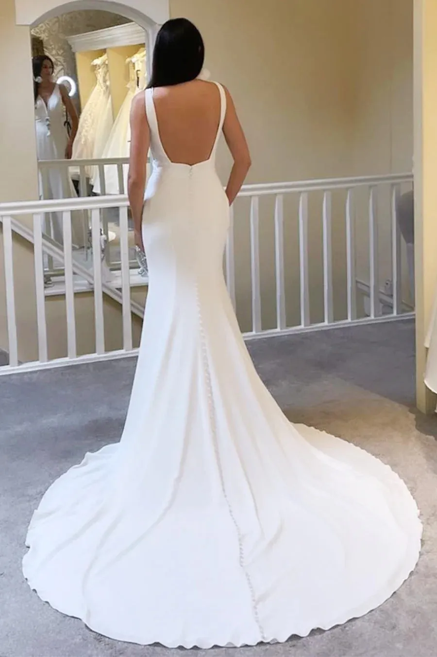 Modest Ivory Plunge V Neck Open Back Mermaid Long Wedding Dress TN377