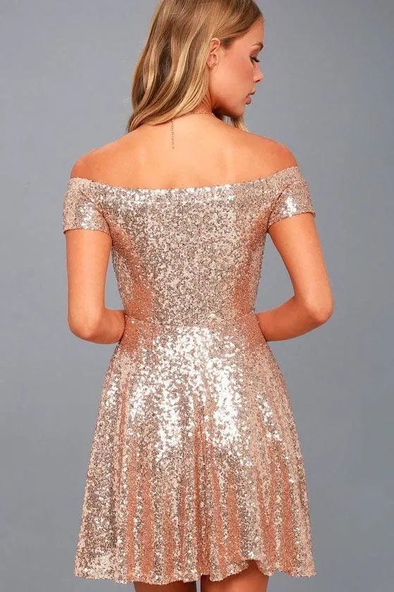 Off the Shoulder Rose Gold Sequins Homecoming Dress Short Party Dress HD0130