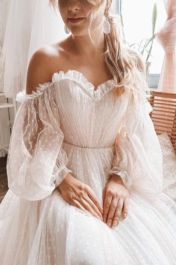 Polka Dots Off Shoulder Long Sleeves Boho Wedding Dress TD0012