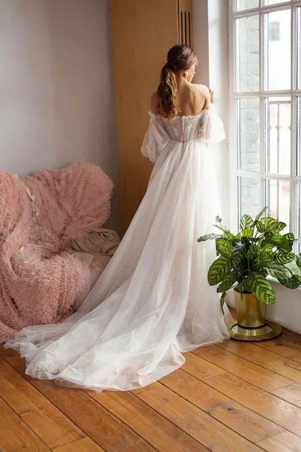 Polka Dots Off Shoulder Long Sleeves Boho Wedding Dress TD0012
