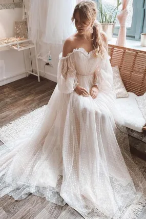 Polka Dots Off Shoulder Long Sleeves Boho Wedding Dress TD0012