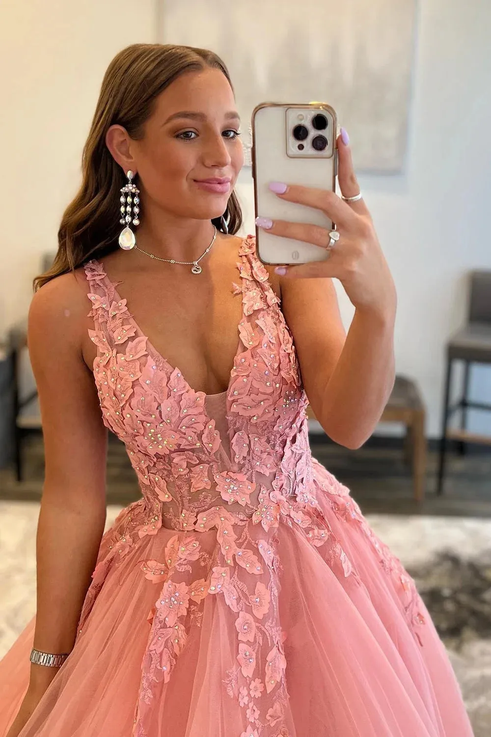 Princess A Line Deep V Neck Blush Long Prom Dress with Appliques TP1244