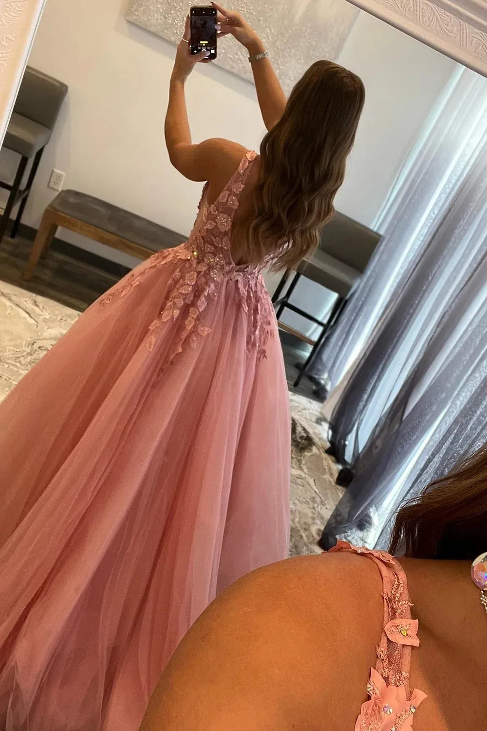 Princess A Line Deep V Neck Blush Long Prom Dress with Appliques TP1244