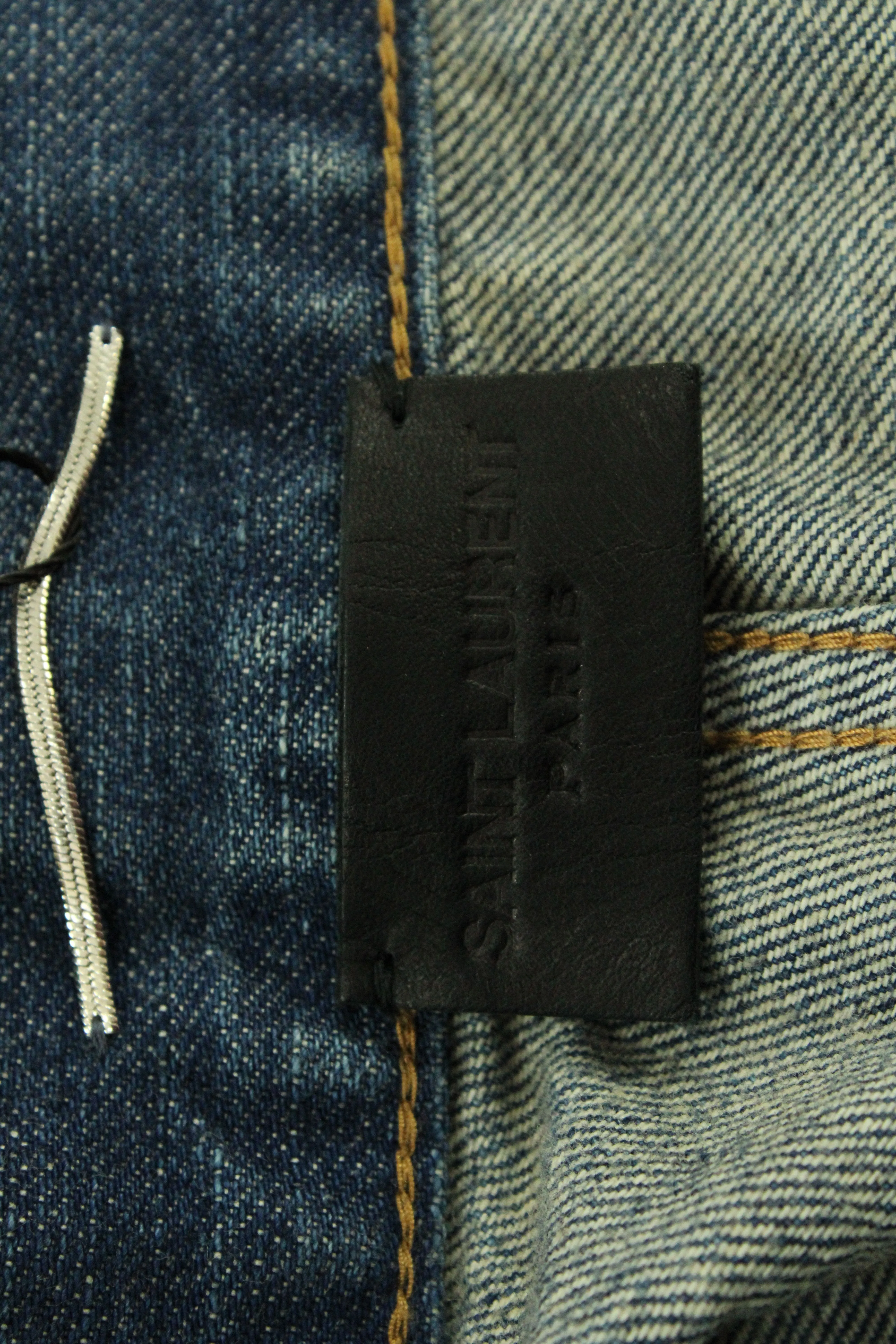 Saint Laurent Distressed Straight Leg Jeans in Blue Cotton Denim