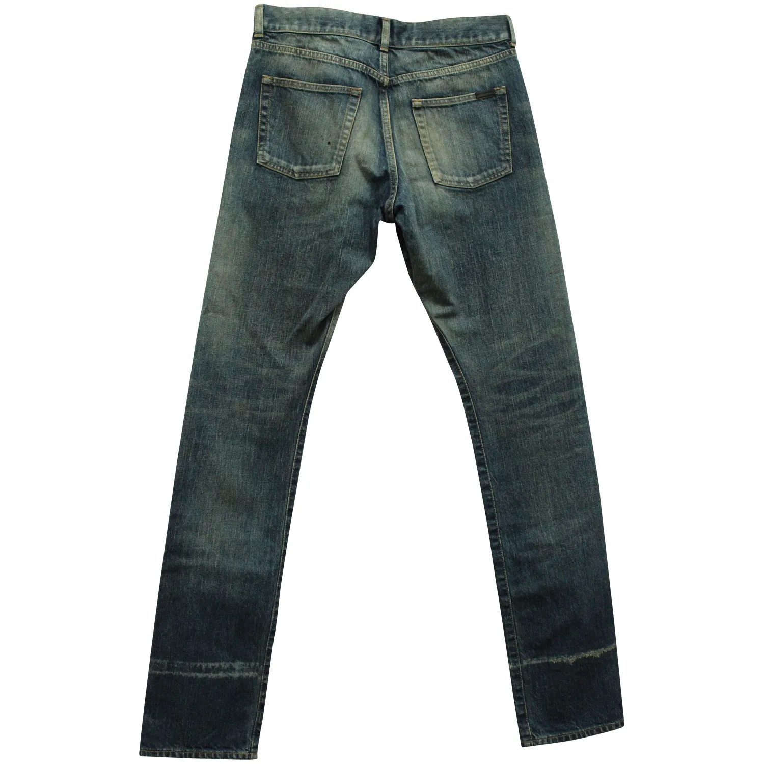 Saint Laurent Distressed Straight Leg Jeans in Blue Cotton Denim