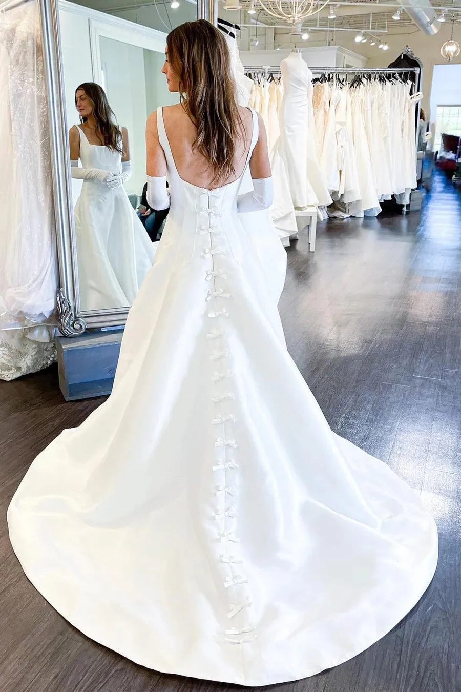 White Square Neck A-Line Bohemian Wedding Dress with Bows TN398
