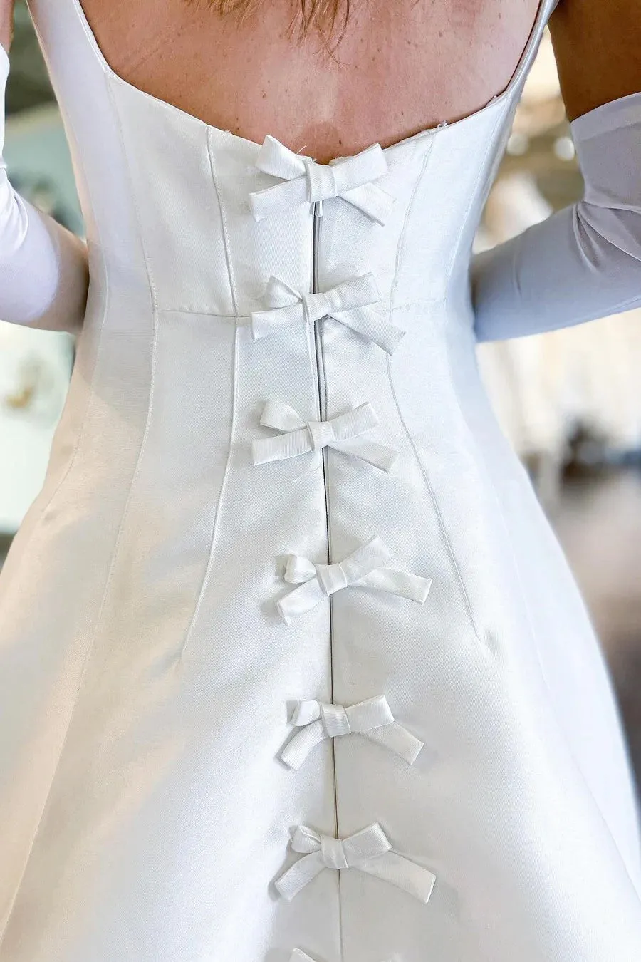 White Square Neck A-Line Bohemian Wedding Dress with Bows TN398