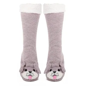 Women's Cute Knit Dog Slipper Socks - Pink/Grey